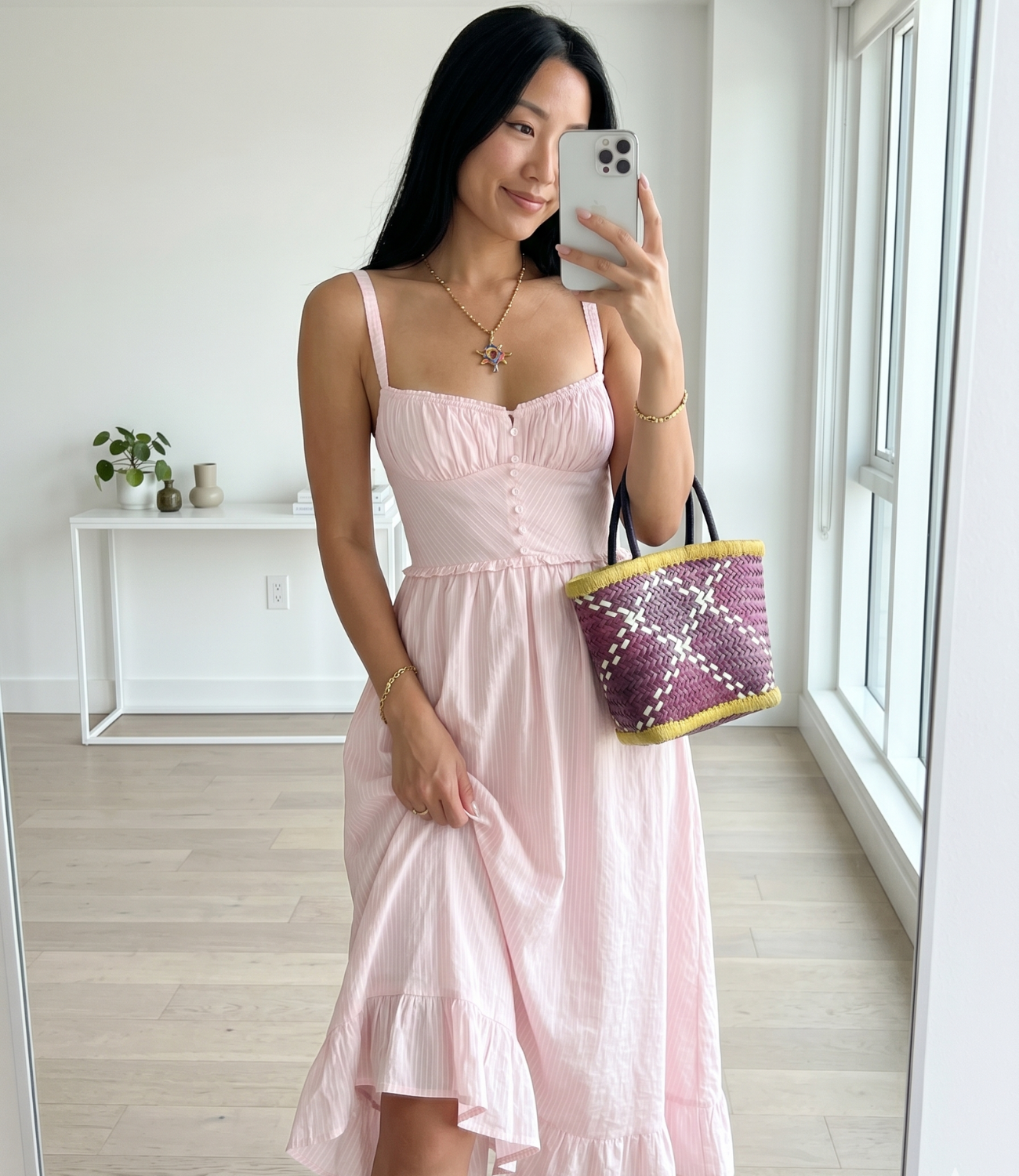 Chinese-American woman mirror selfie wearing pink summer dress — Emmy & Ellie verified buyer review