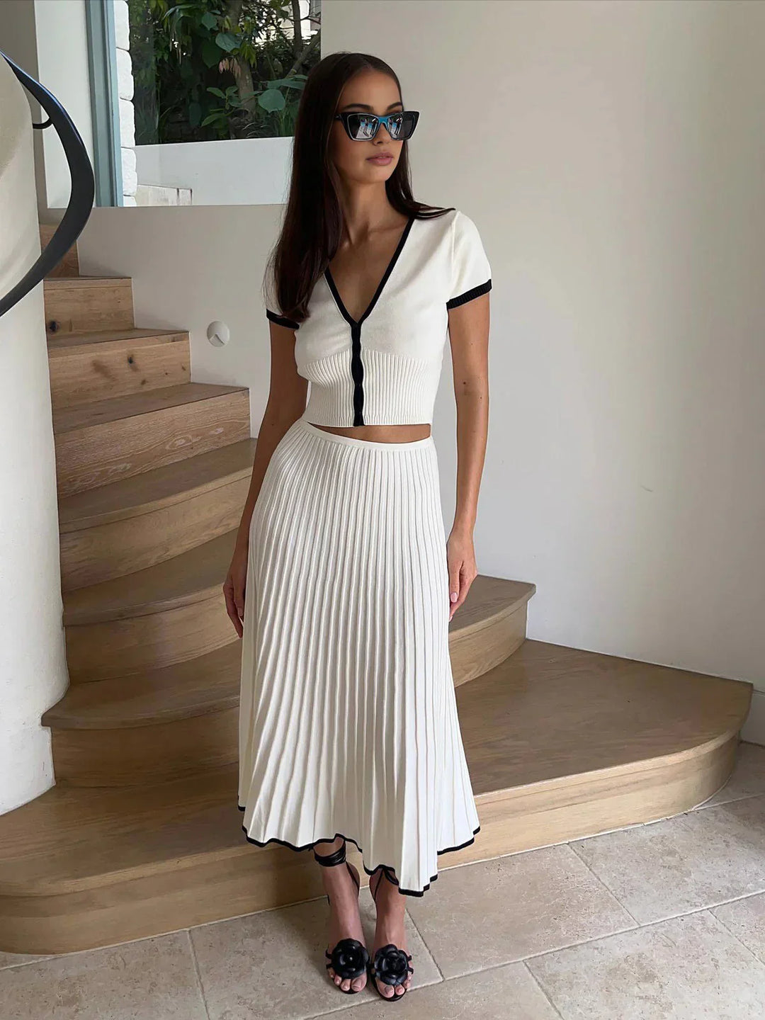 Women's 2 Piece Set Pleated Midi Skirt Short Sleeve – Garden Party Summer