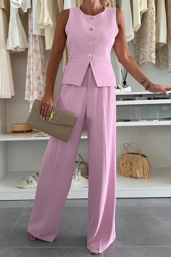 Women's 2 Piece Set Sleeveless Vest Wide Leg Button Front – Night Out