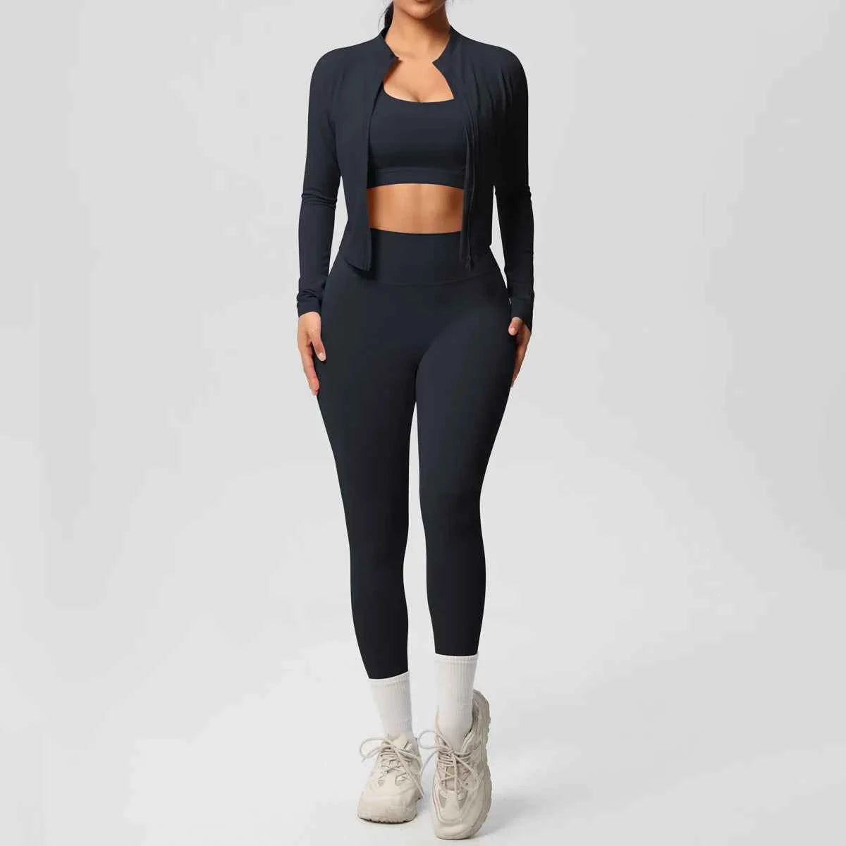 Women’s 3-Piece Gym Set Zip Front Square Neck High Waist – Fitness Studio Sessions
