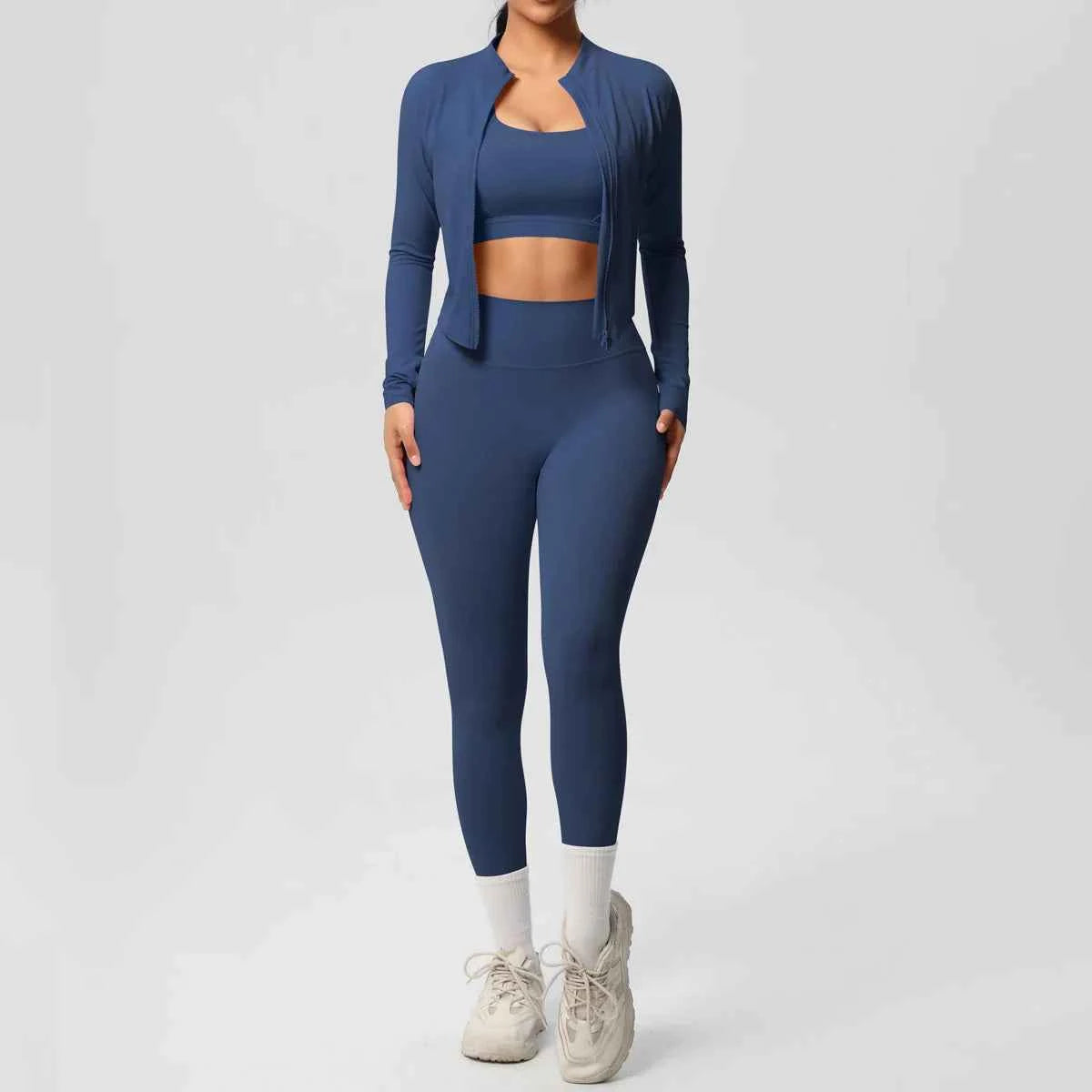Women’s 3-Piece Gym Set Zip Front Square Neck High Waist – Fitness Studio Sessions
