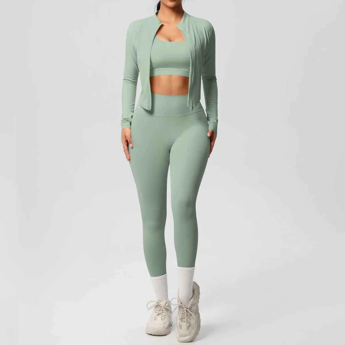 Women’s 3-Piece Gym Set Zip Front Square Neck High Waist – Fitness Studio Sessions