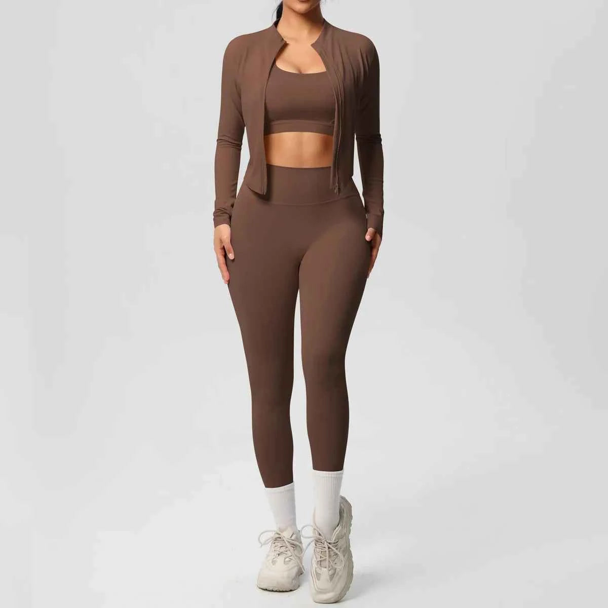 Women’s 3-Piece Gym Set Zip Front Square Neck High Waist – Fitness Studio Sessions