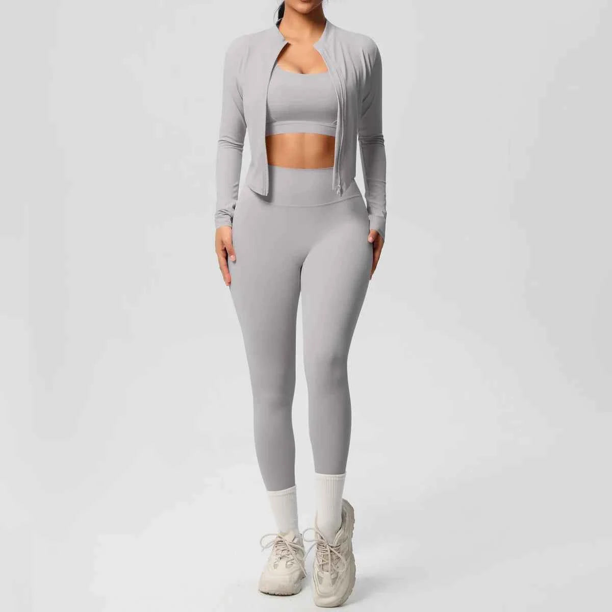Women’s 3-Piece Gym Set Zip Front Square Neck High Waist – Fitness Studio Sessions