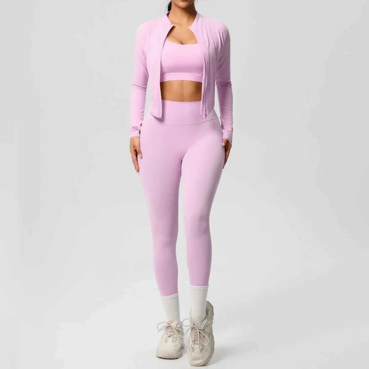 Women’s 3-Piece Gym Set Zip Front Square Neck High Waist – Fitness Studio Sessions