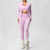 Women’s 3-Piece Gym Set Zip Front Square Neck High Waist – Fitness Studio Sessions