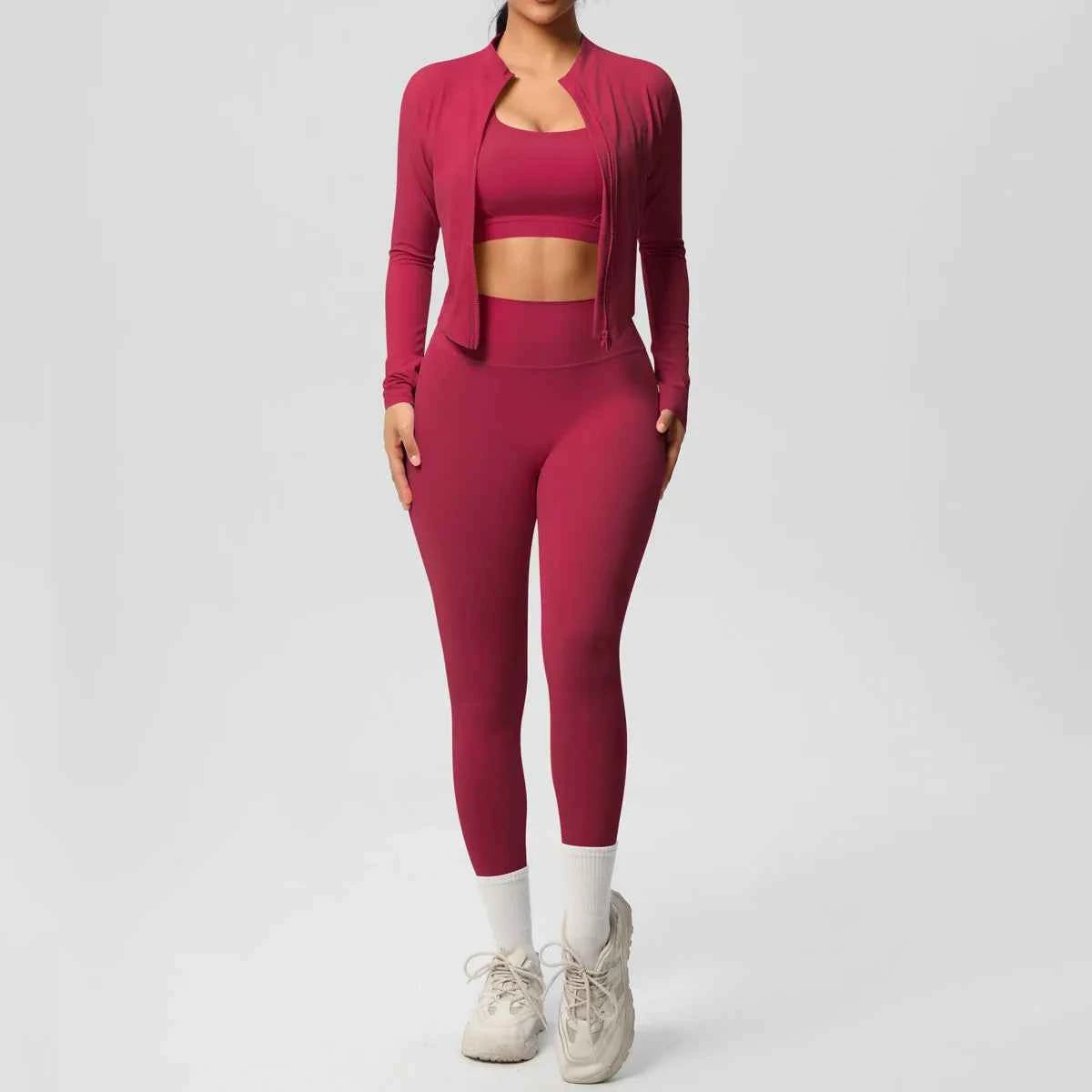 Women’s 3-Piece Gym Set Zip Front Square Neck High Waist – Fitness Studio Sessions