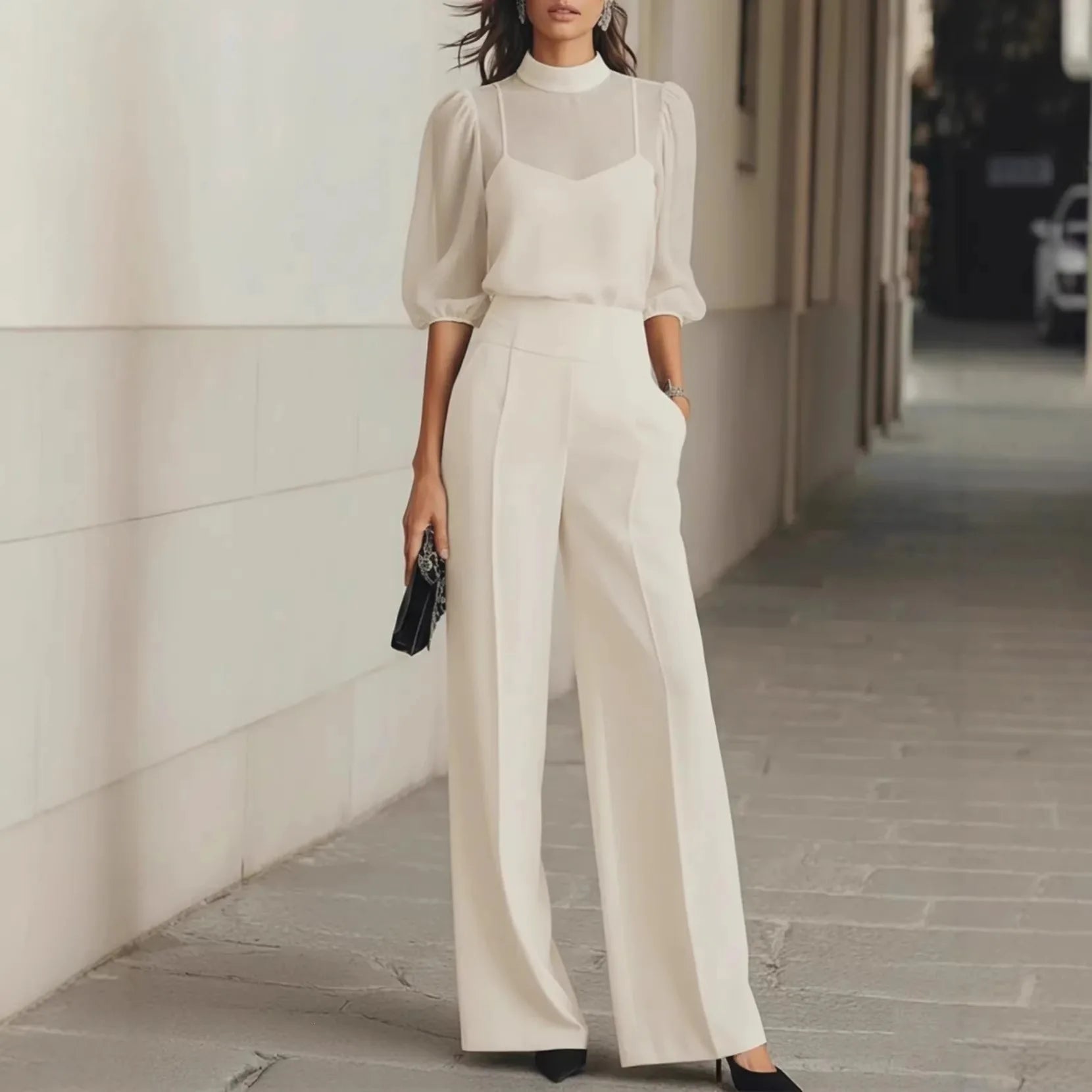 Women’s 3-Piece Set High Neck Sheer Sleeves Wide Leg Pants – Professional Receptions