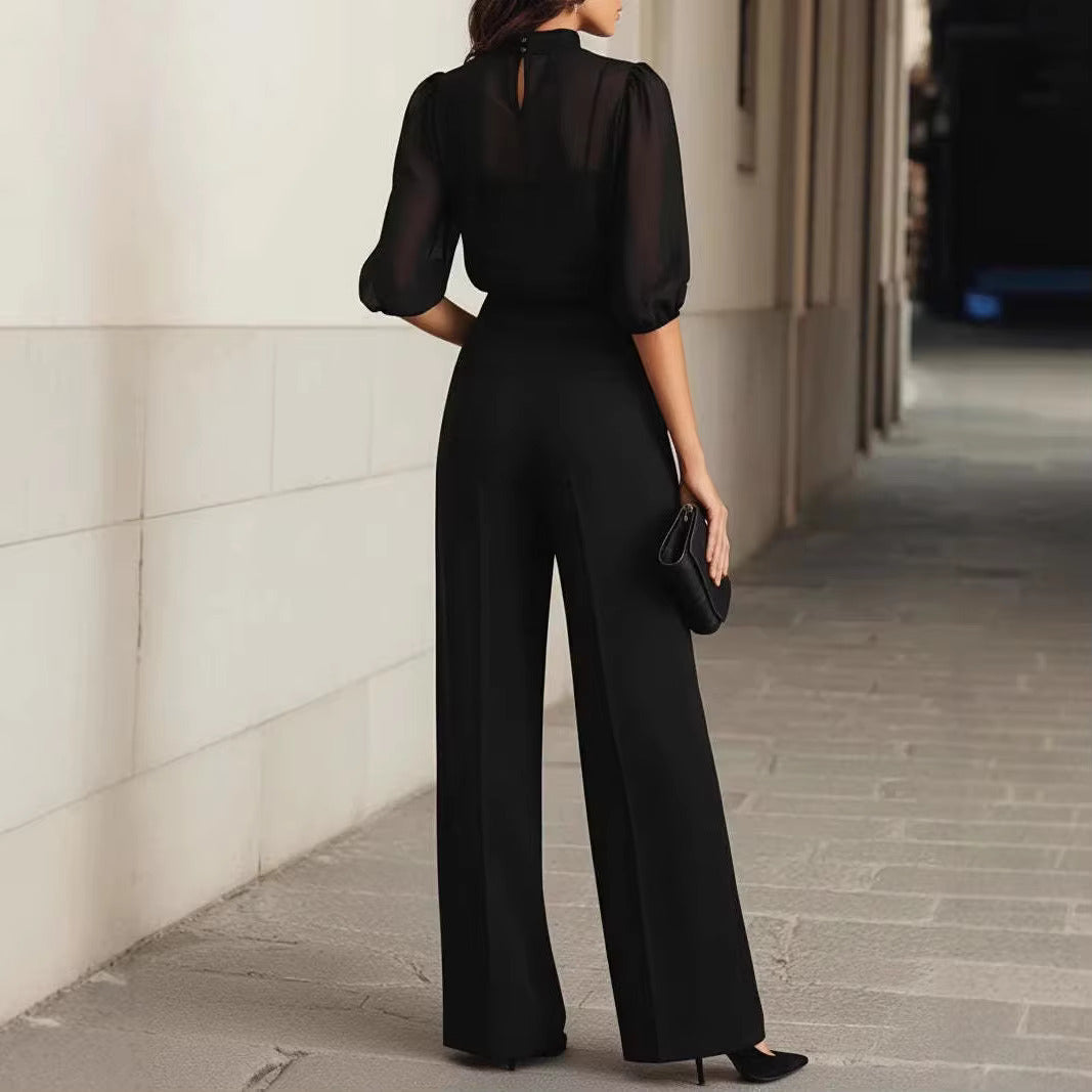 Women’s 3-Piece Set High Neck Sheer Sleeves Wide Leg Pants – Professional Receptions