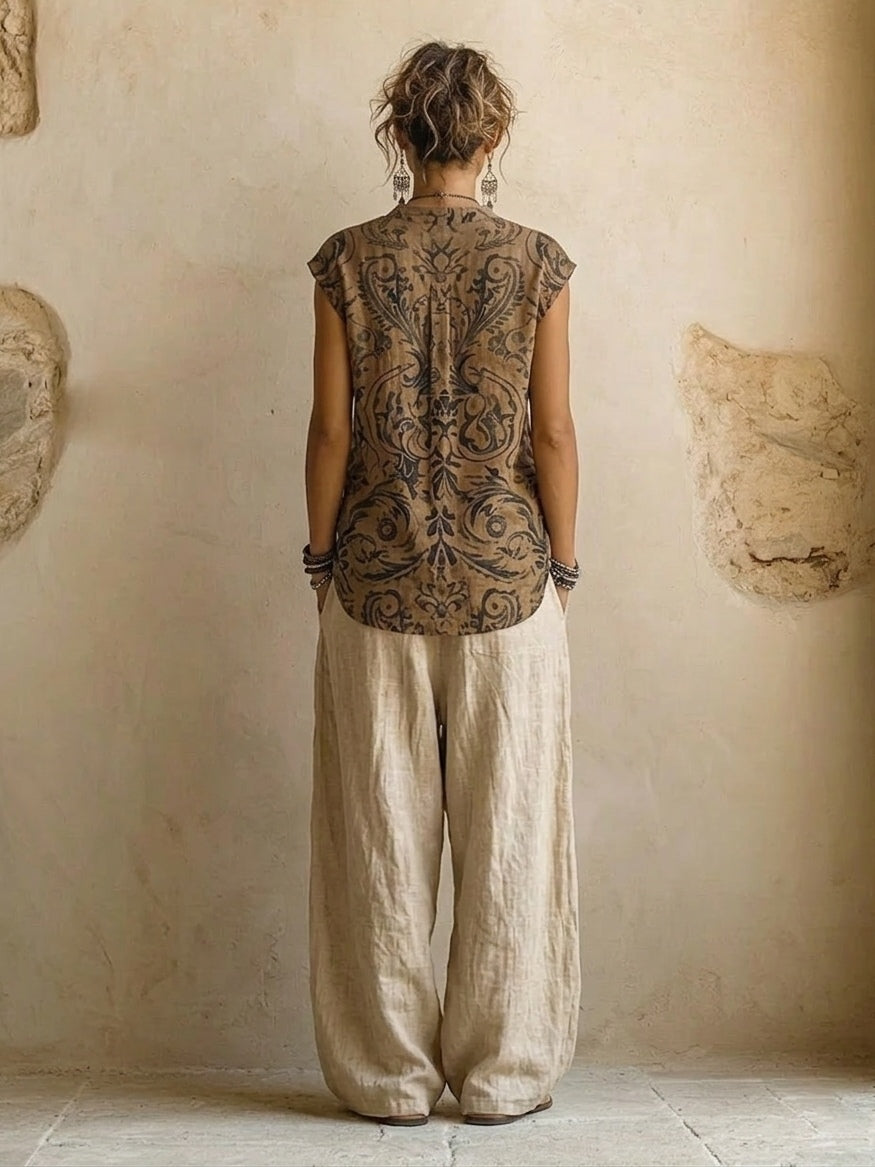 Women's 3-Piece Set Printed Top Trousers Long Outer Layer – Cultural Festival