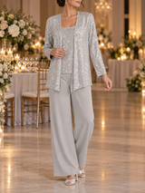 Women’s 3-Piece Suit Set Open Front Sequin Top Wide-Leg Pants – Evening Receptions