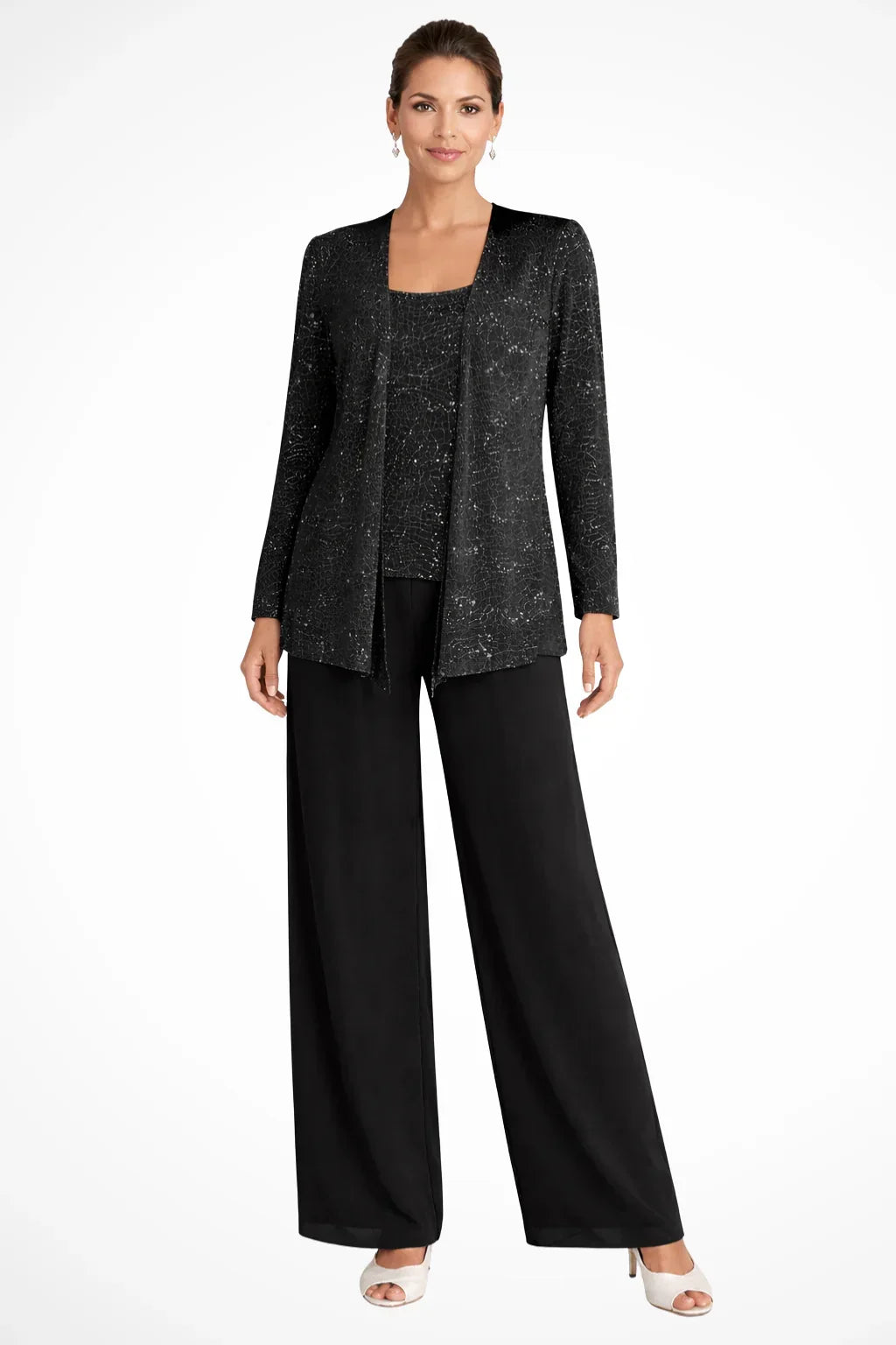 Women’s 3-Piece Suit Set Open Front Sequin Top Wide-Leg Pants – Evening Receptions