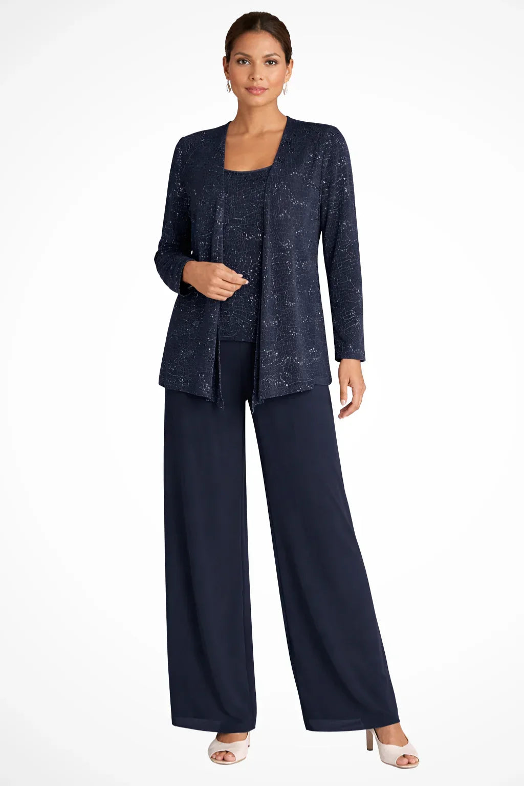Women’s 3-Piece Suit Set Open Front Sequin Top Wide-Leg Pants – Evening Receptions