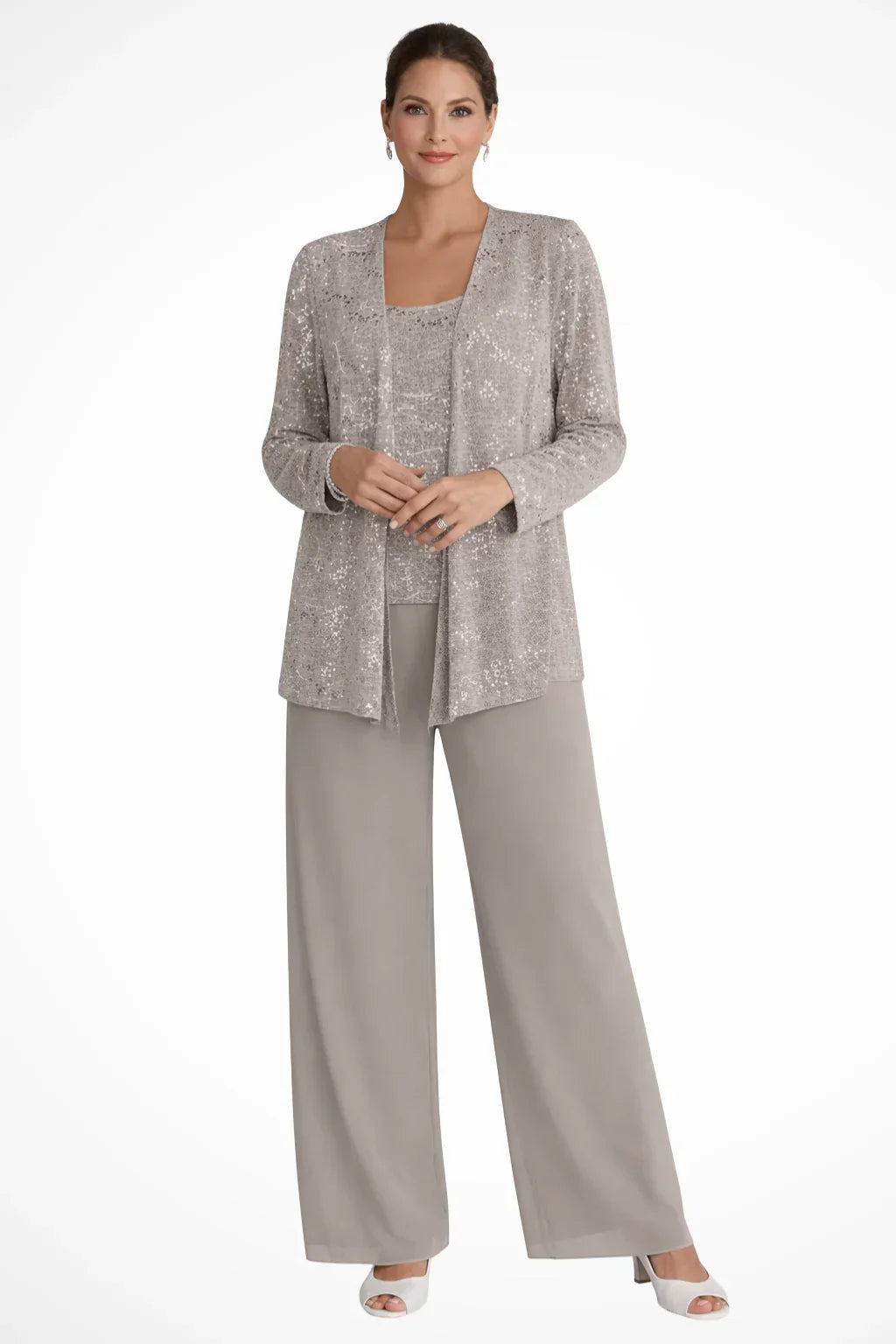 Women’s 3-Piece Suit Set Open Front Sequin Top Wide-Leg Pants – Evening Receptions