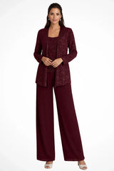 Women’s 3-Piece Suit Set Open Front Sequin Top Wide-Leg Pants – Evening Receptions