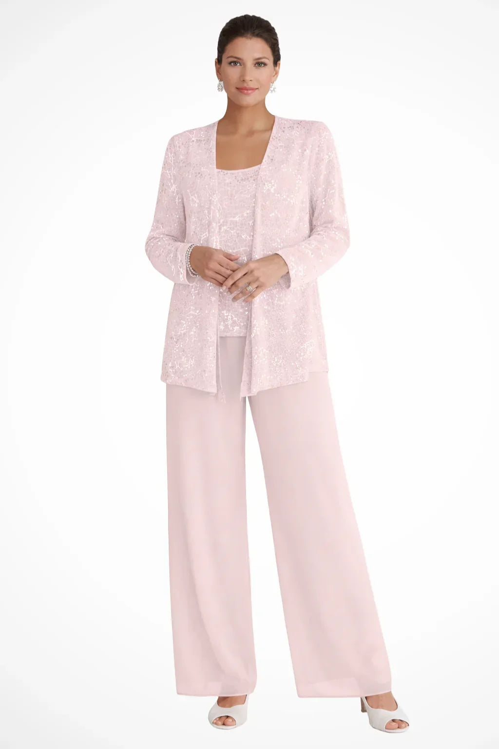 Women’s 3-Piece Suit Set Open Front Sequin Top Wide-Leg Pants – Evening Receptions