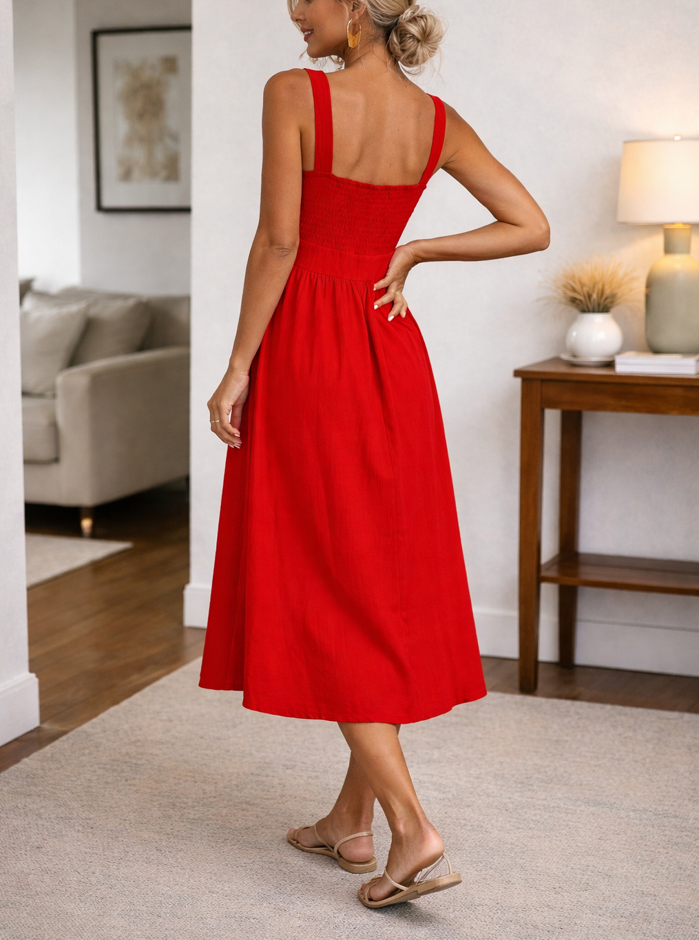 Women's A-Line Midi Dress Square Neck Smocked Back – Cocktail Party