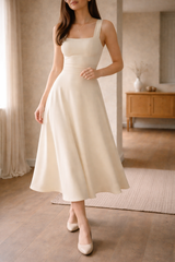 Women's A-Line Midi Dress Square Neck Wide Strap – Wedding Guest Reception