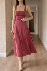 Women's A-Line Midi Dress Square Neck Wide Strap – Wedding Guest Reception