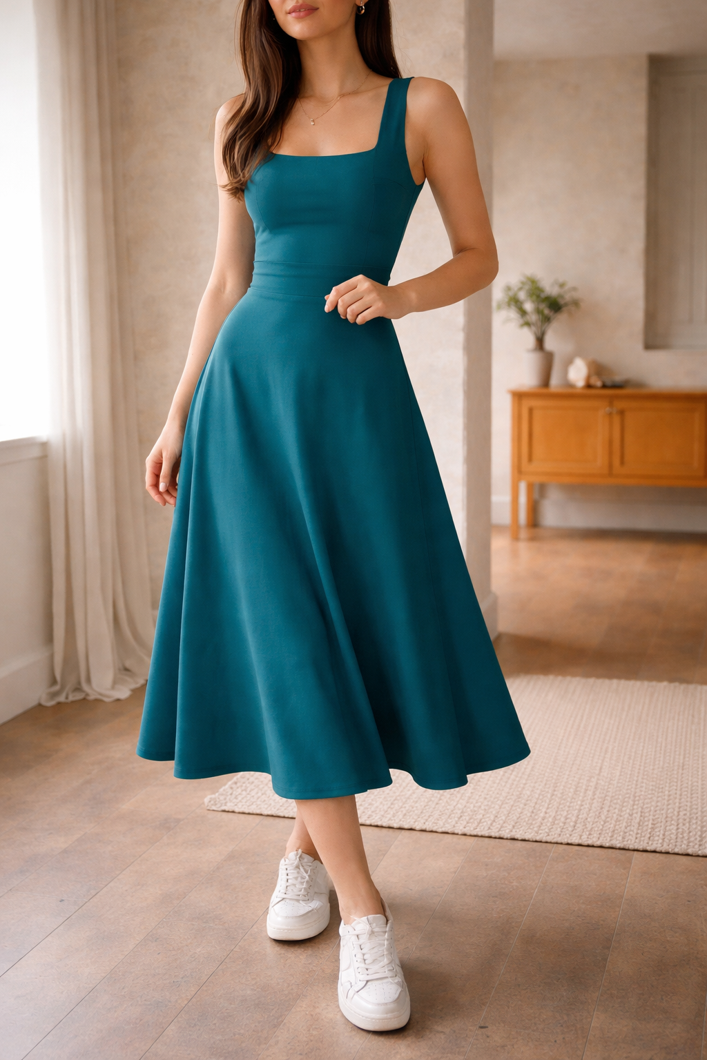 Women's A-Line Midi Dress Square Neck Wide Strap – Wedding Guest Reception