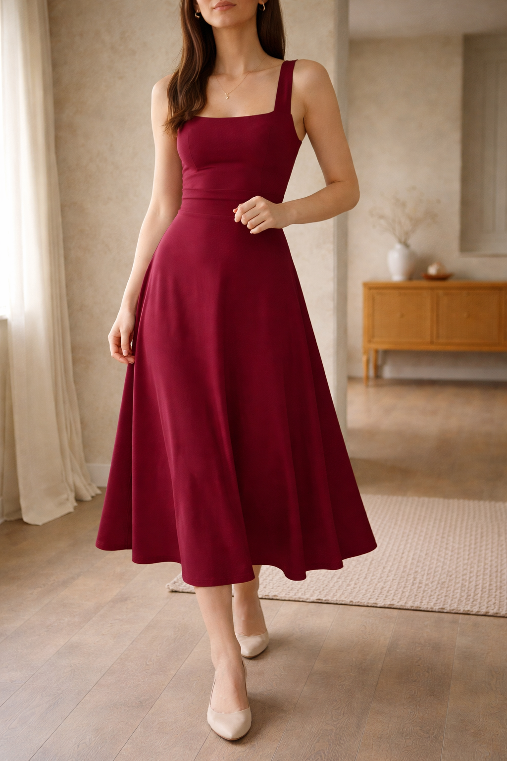 Women's A-Line Midi Dress Square Neck Wide Strap – Wedding Guest Reception