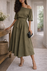 Women's A-Line Midi Dress Waist Tie Sleeved – Garden Party Reception