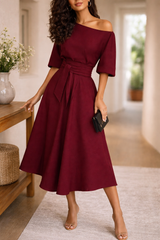 Women's A-Line Midi Dress Waist Tie Sleeved – Garden Party Reception