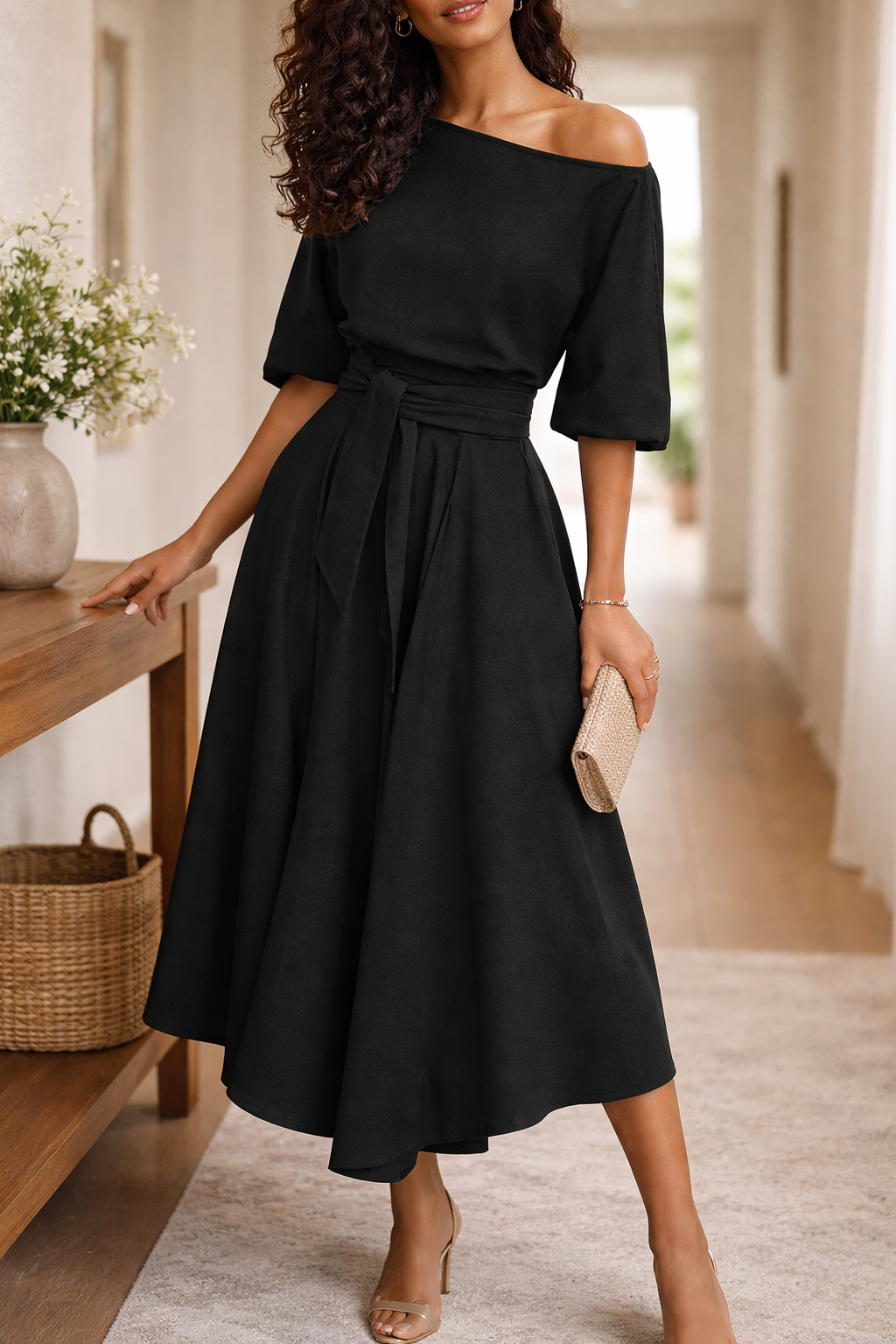 Women's A-Line Midi Dress Waist Tie Sleeved – Garden Party Reception