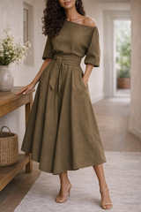 Women's A-Line Midi Dress Waist Tie Sleeved – Garden Party Reception