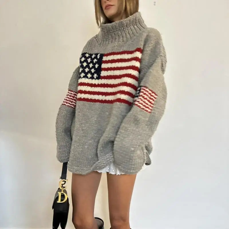 Women's American Flag Oversized Turtleneck Sweater Long Sleeves Ribbed – Weekend Outings