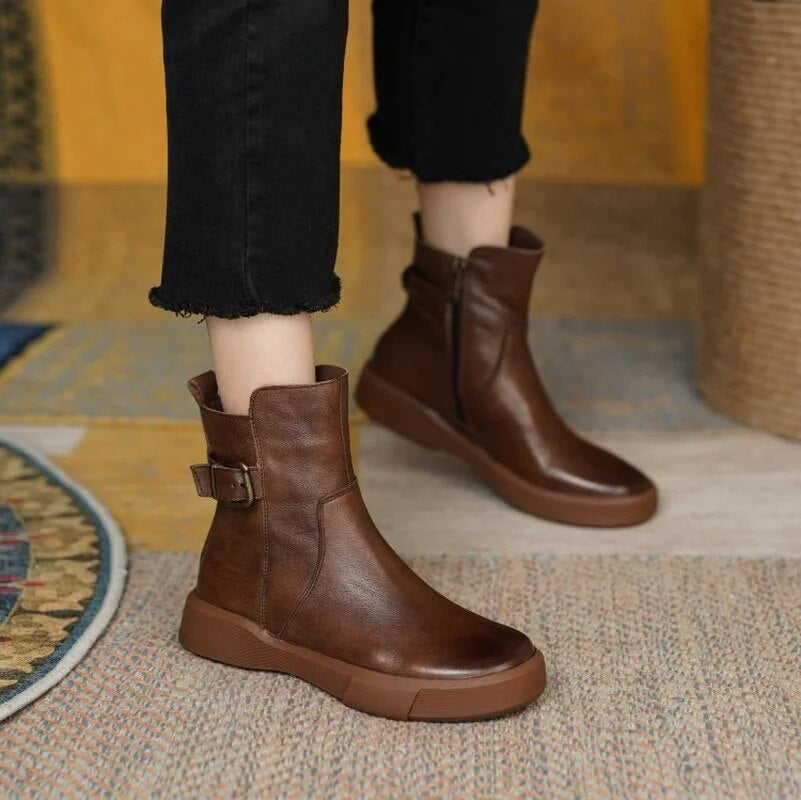 Women's Ankle Boots Buckle Strap Round Toe Platform Sole – Weekend Outing