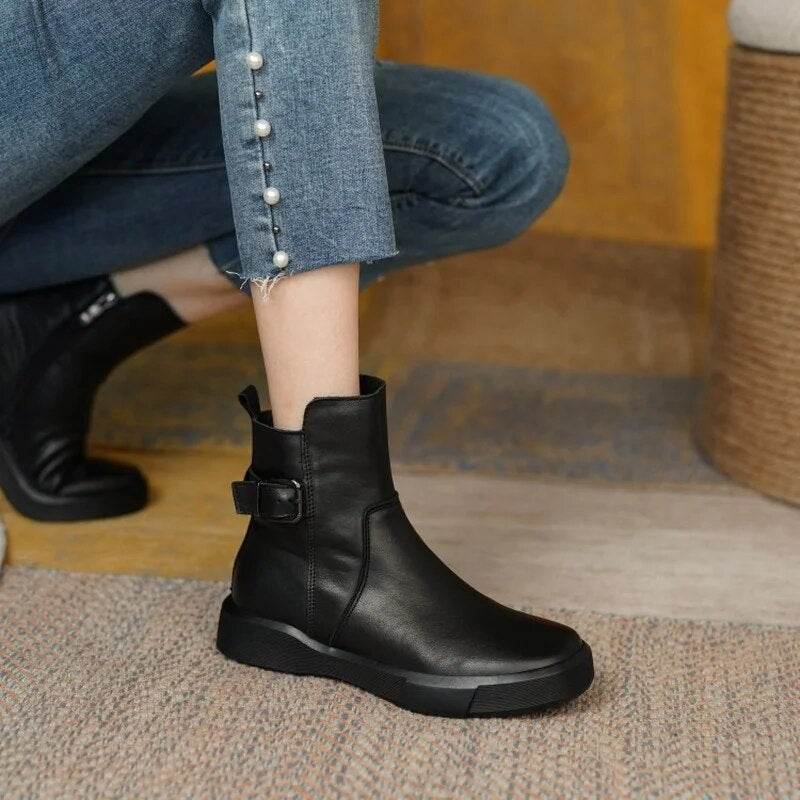 Women's Ankle Boots Buckle Strap Round Toe Platform Sole – Weekend Outing