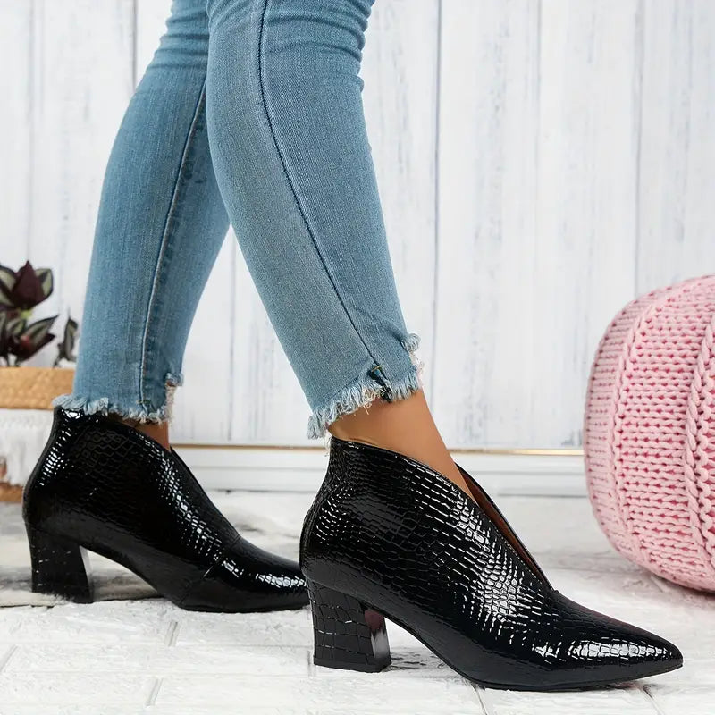 Women's Ankle Boots Croc Embossed Pointed Toe Block Heel – Night Out