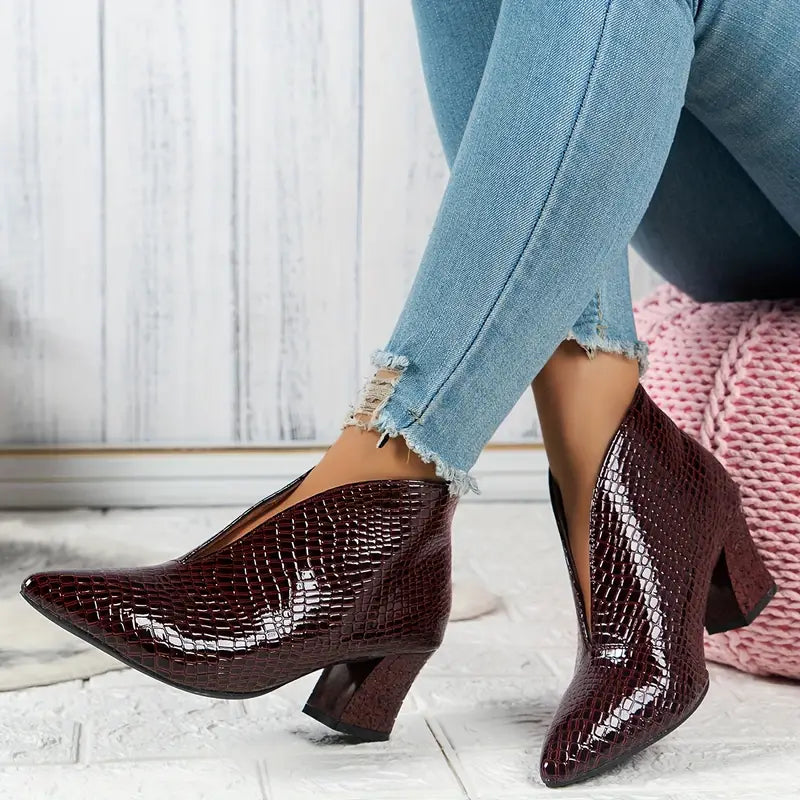 Women's Ankle Boots Croc Embossed Pointed Toe Block Heel – Night Out