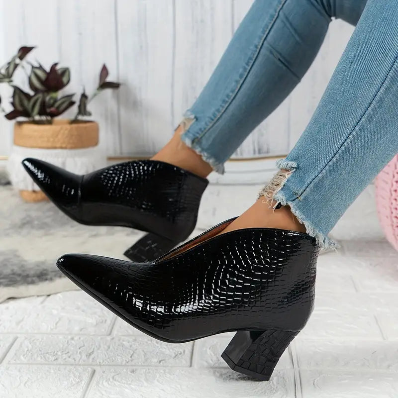 Women's Ankle Boots Croc Embossed Pointed Toe Block Heel – Night Out