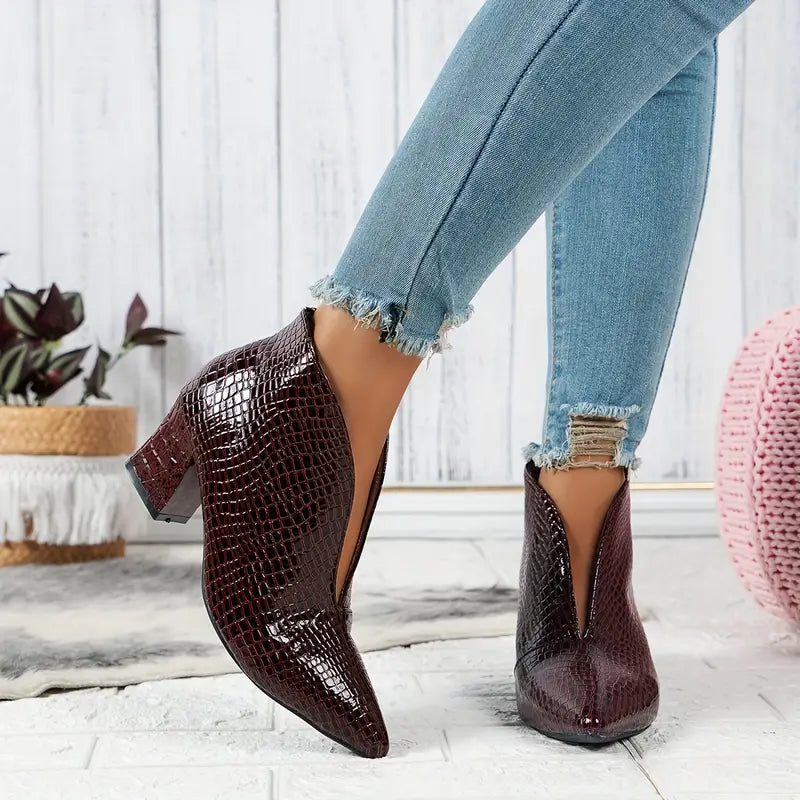Women's Ankle Boots Croc Embossed Pointed Toe Block Heel – Night Out
