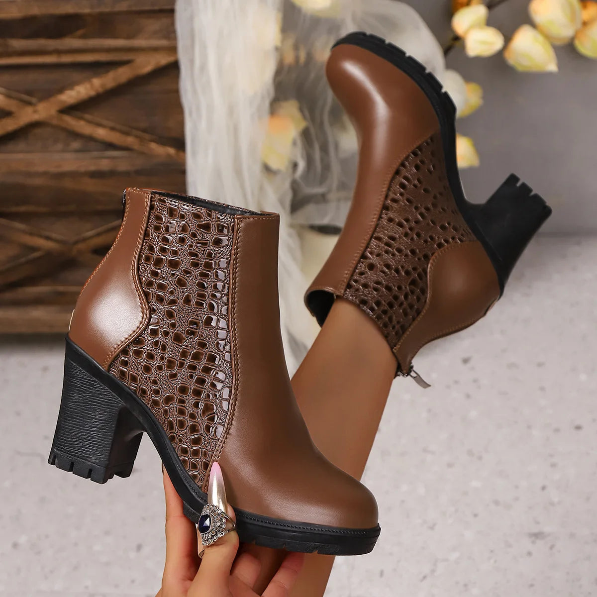 Women's Ankle Boots Croc Embossed Round Toe Chunky Block Heel – Evening Event