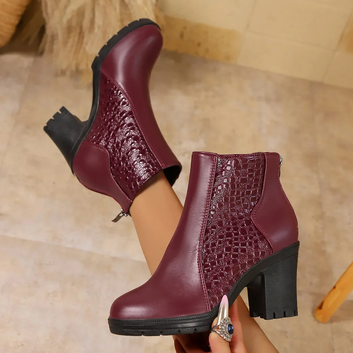 Women's Ankle Boots Croc Embossed Round Toe Chunky Block Heel – Evening Event