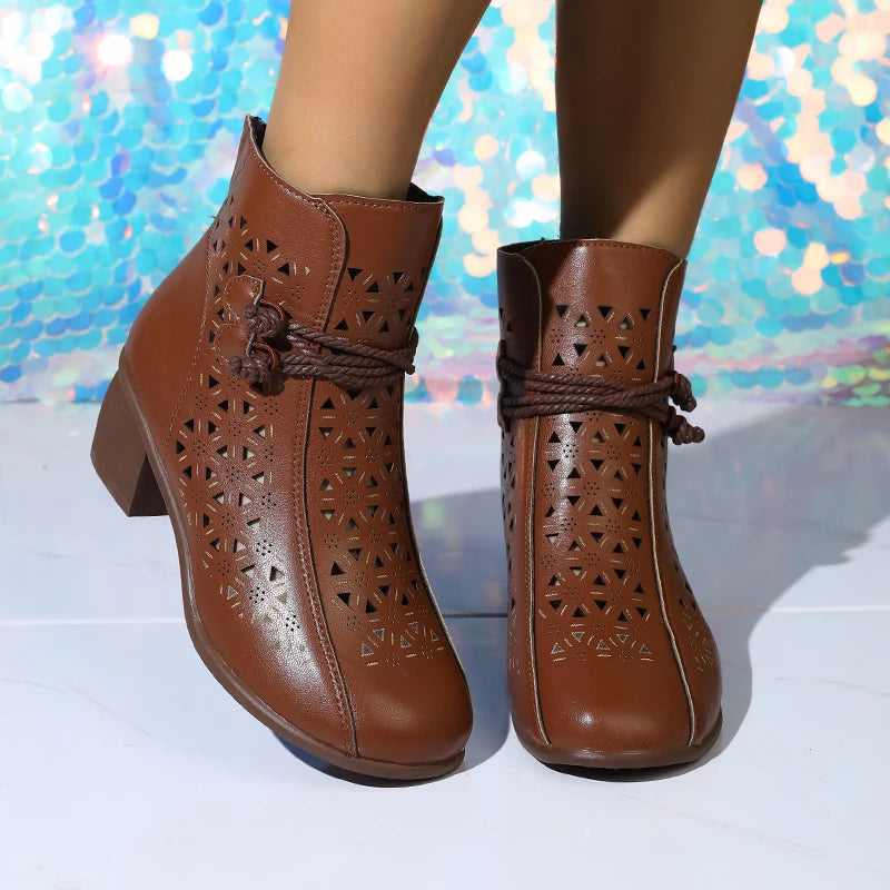 Women's Ankle Boots Cutout Round Toe Block Heel Rope Accent – Dinner Outing