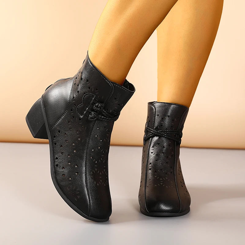 Women's Ankle Boots Cutout Round Toe Block Heel Rope Accent – Dinner Outing