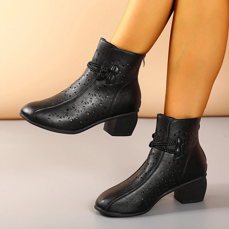 Women's Ankle Boots Cutout Round Toe Block Heel Rope Accent – Dinner Outing