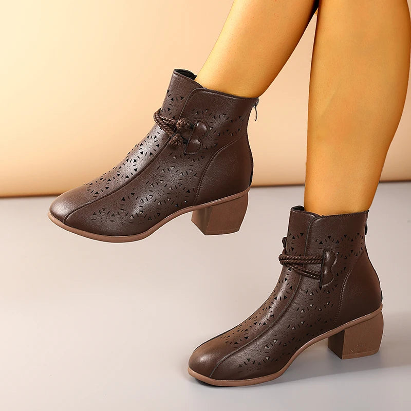 Women's Ankle Boots Cutout Round Toe Block Heel Rope Accent – Dinner Outing