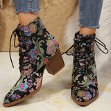 Women's Ankle Boots Floral Lace Up Pointed Toe Block Heel – Garden Party
