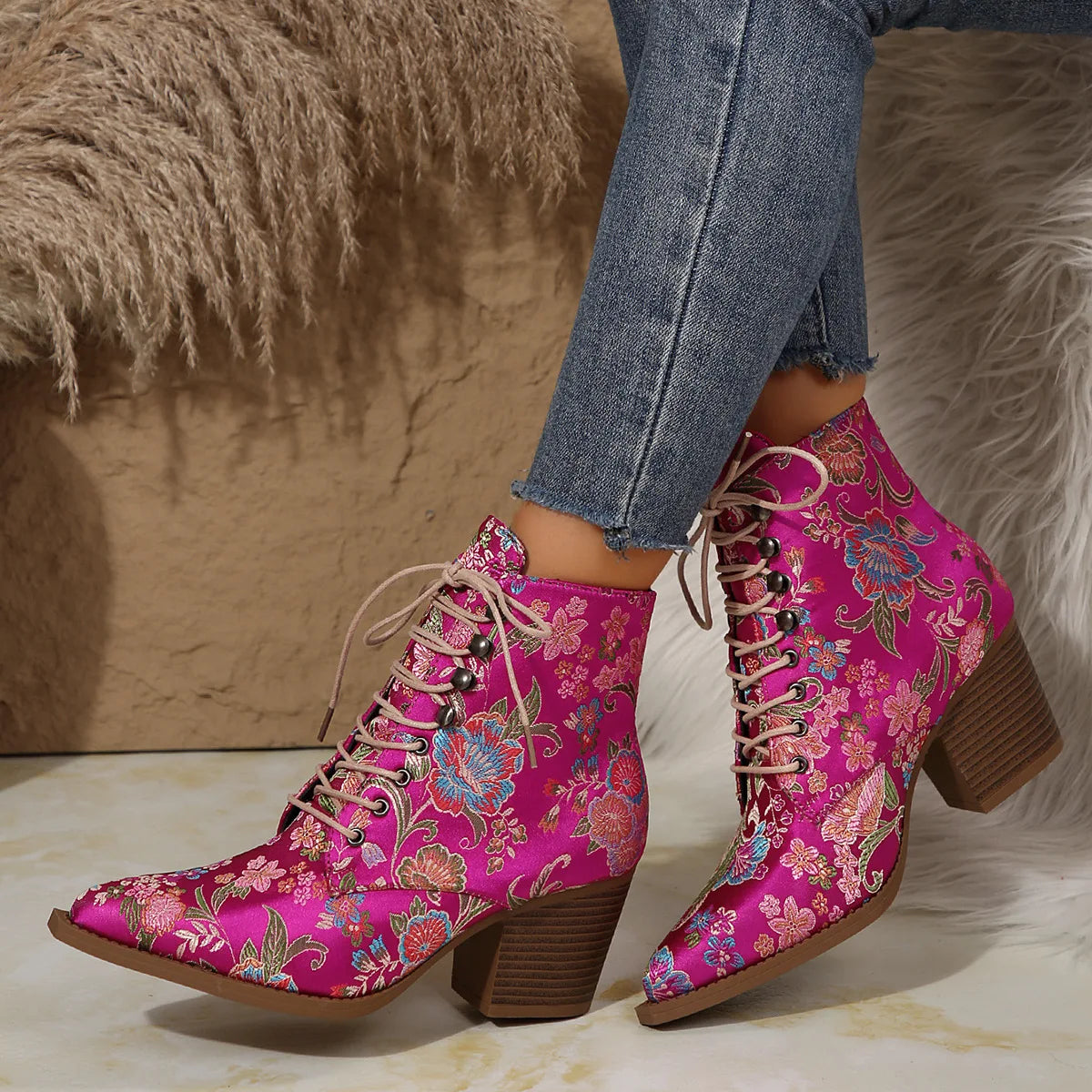 Women's Ankle Boots Floral Lace Up Pointed Toe Block Heel – Garden Party