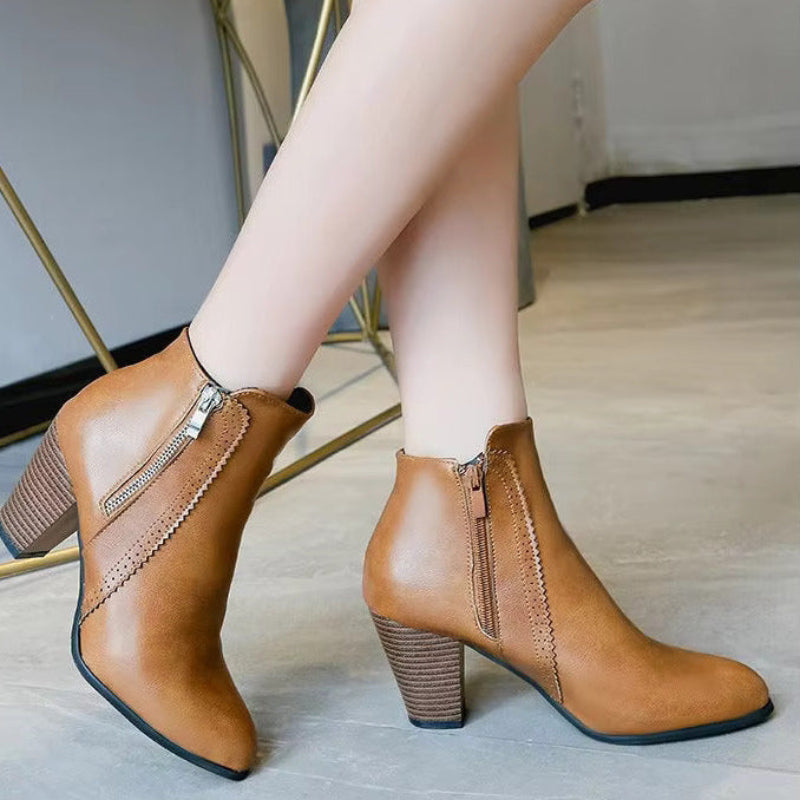 Women's Ankle Boots Side Zip Round Toe High Block Heel – Office Day