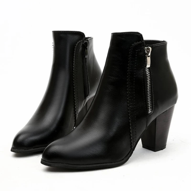 Women's Ankle Boots Side Zip Round Toe High Block Heel – Office Day