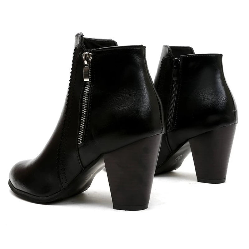 Women's Ankle Boots Side Zip Round Toe High Block Heel – Office Day