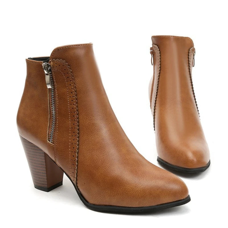 Women's Ankle Boots Side Zip Round Toe High Block Heel – Office Day