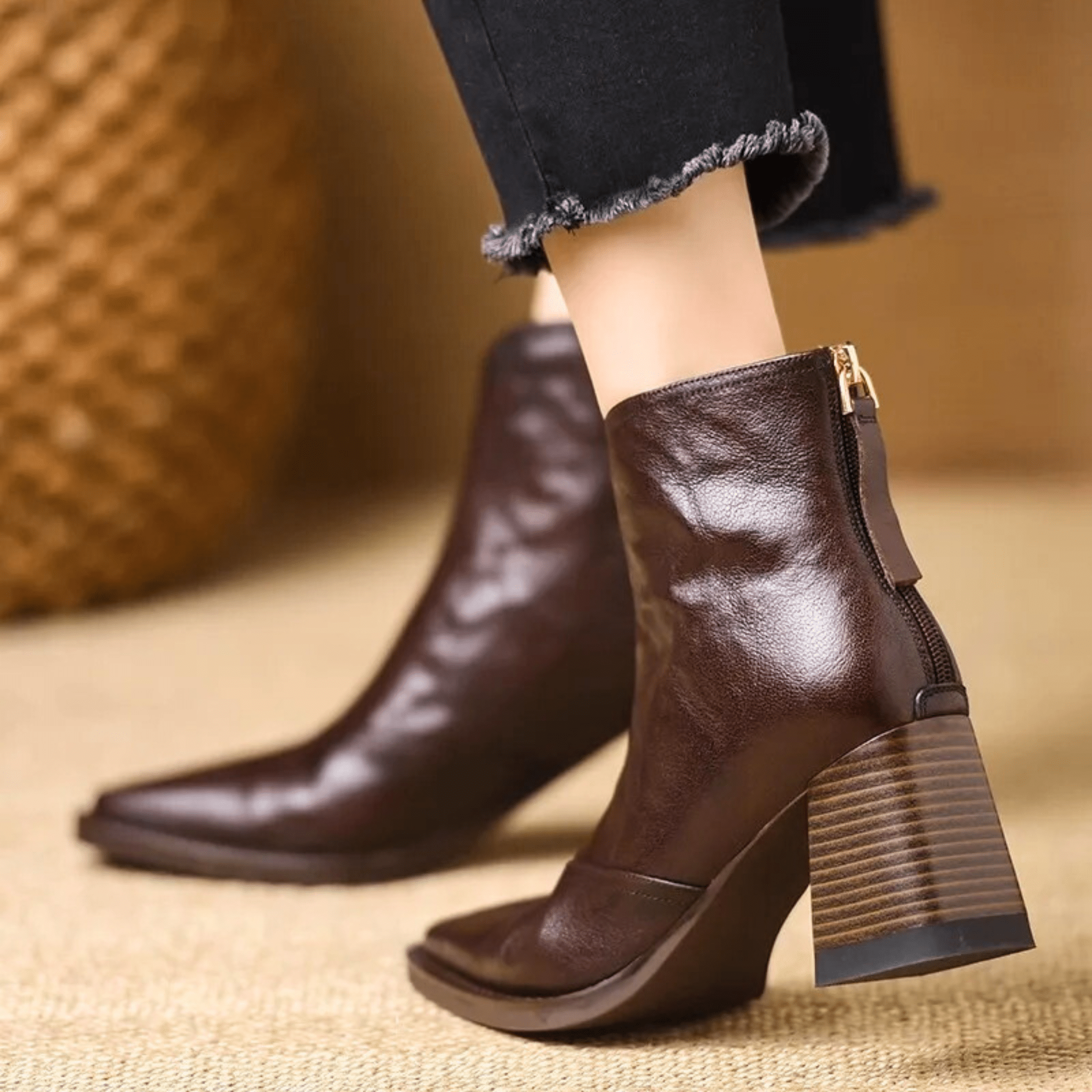 Women's Ankle Boots Square Toe Block Heel Front Zip – Evening Casual Style