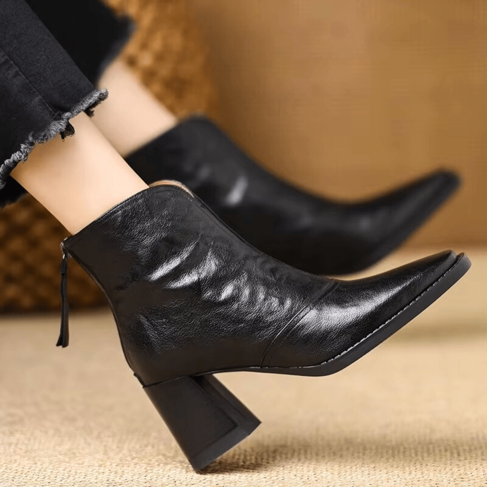 Women's Ankle Boots Square Toe Block Heel Front Zip – Evening Casual Style